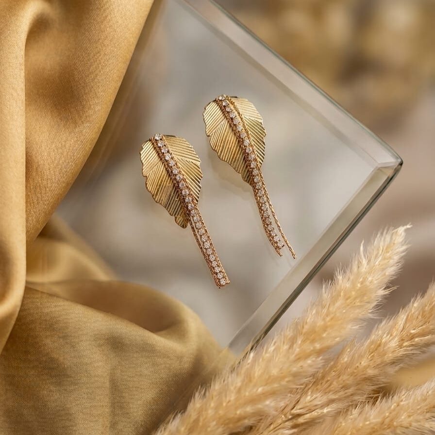 PJ Gold-Plated Ribbed Metallic Leaf Design Earrings (3) PJ Gold-Plated Ribbed Metallic Leaf Design Earrings