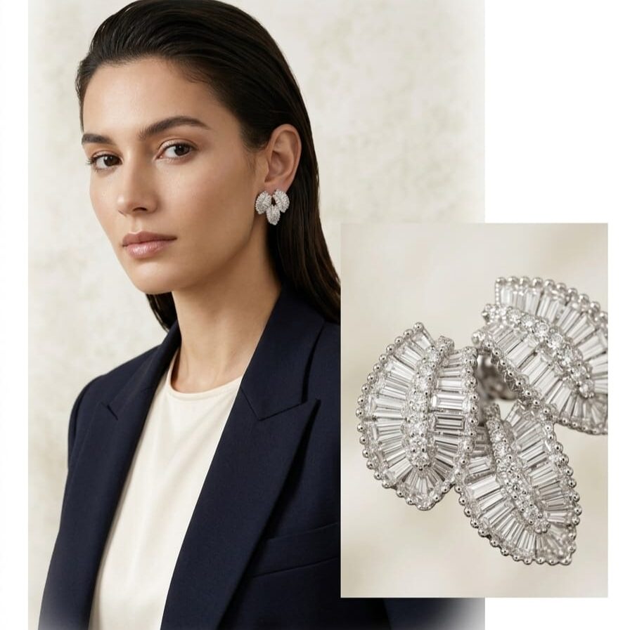 PJ Premium Silver-Plated American Diamond Cluster Earrings