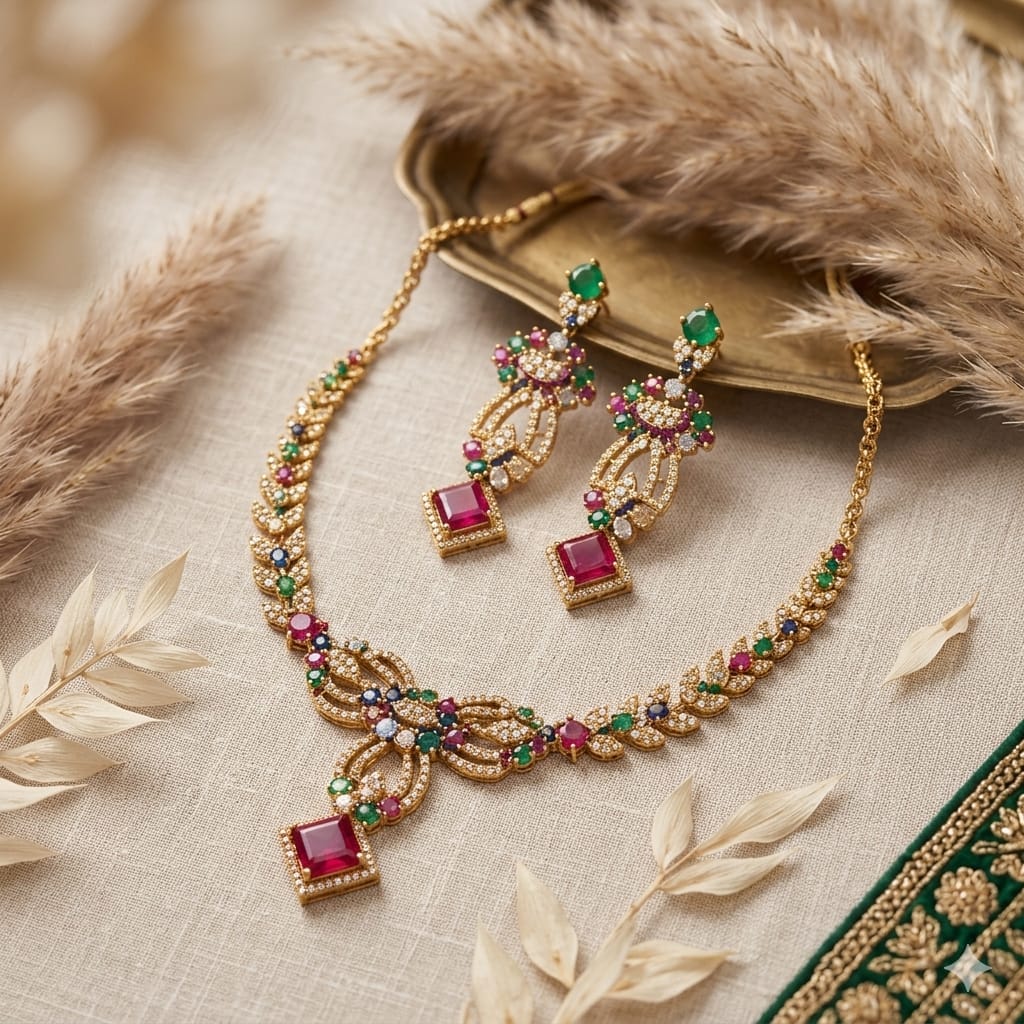 PJ Antique Gold-Plated CZ and Square Ruby Necklace Set