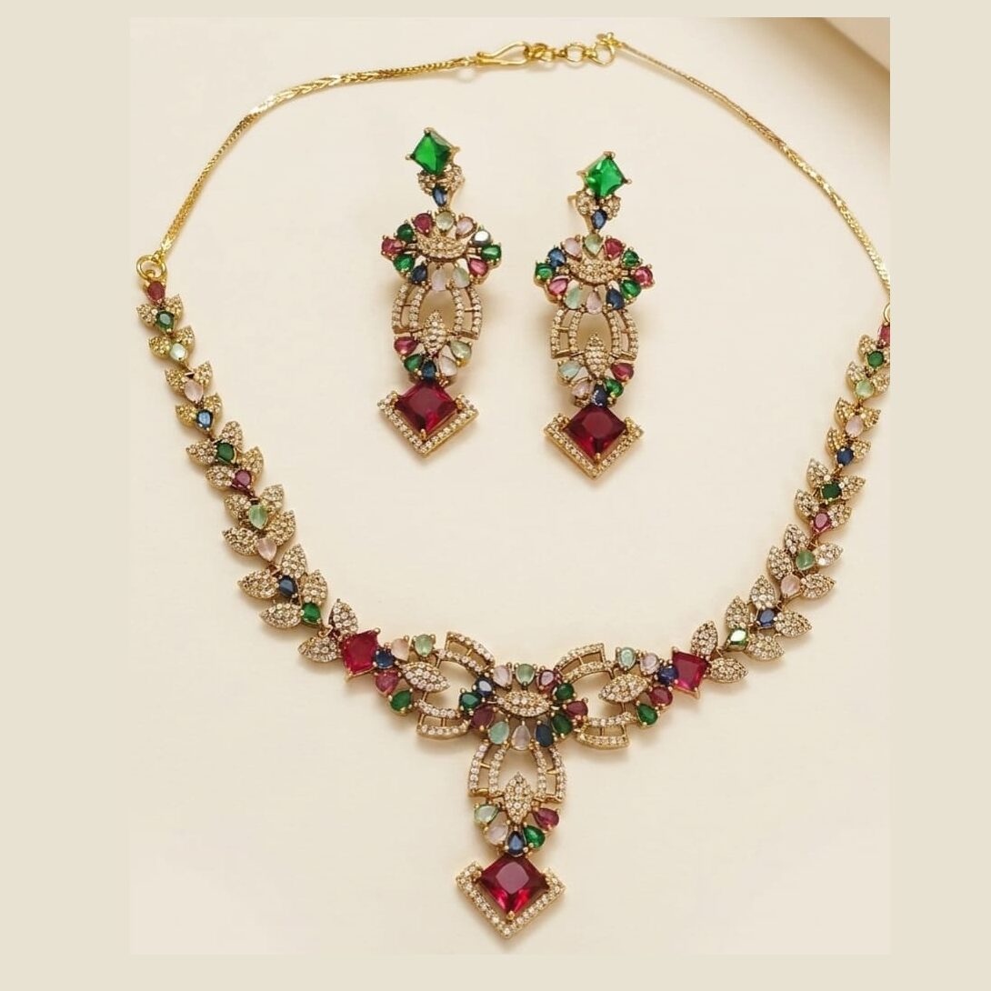 PJ Antique Gold-Plated CZ and Square Ruby Necklace Set (3) PJ Antique Gold-Plated CZ and Square Ruby Necklace Set