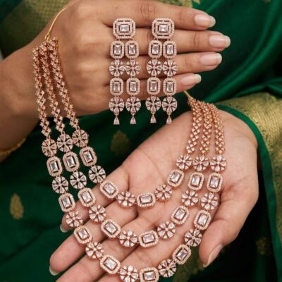 PRAREKA Crystal-Encrusted Floral Triple Layer Jewelry Set