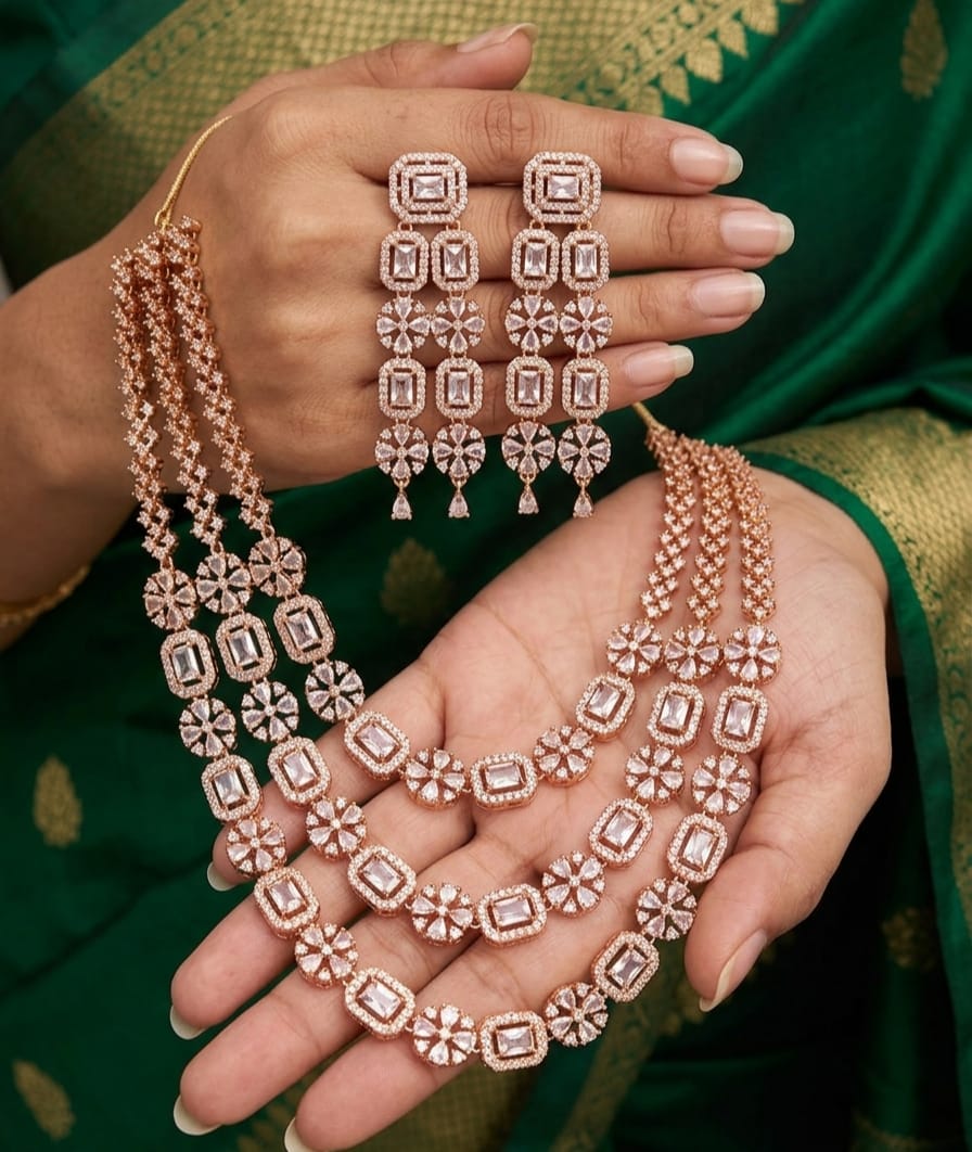 PRAREKA Crystal-Encrusted Floral Triple Layer Jewelry Set